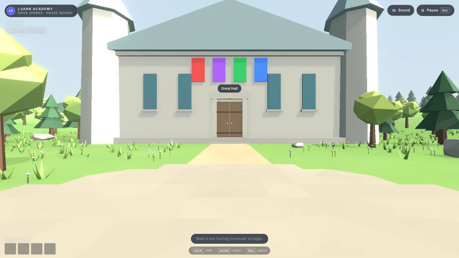 Screenshot of the Great Hall building seen from the Academy Grounds path: a pale stone hall with two towers, a wooden double door and four House banners in red, purple, green and blue above the entrance.