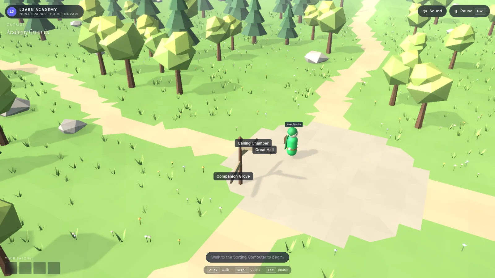 Screenshot of the Academy Grounds from above: sandy paths cross a grassy meadow of low-poly trees and rocks, and a signpost beside the child's avatar points to the Calling Chamber, the Great Hall and the Companion Grove.