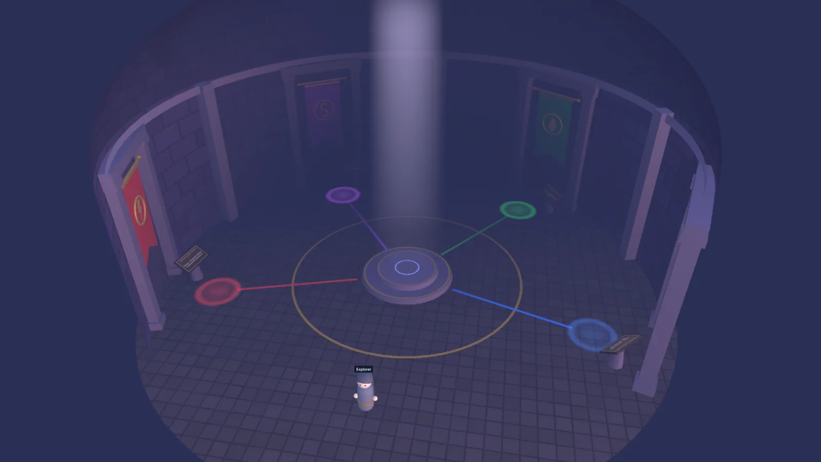 Screenshot of the Calling Chamber from above: a round, misty stone room with a beam of light falling on a central dais, and four coloured paths leading out to four House banners around the walls.