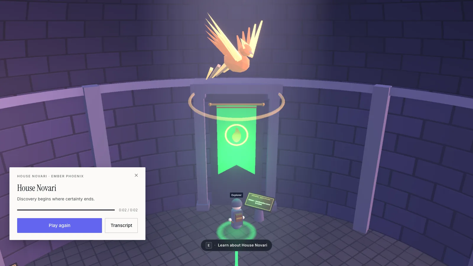 Screenshot of the Calling Chamber close up: a glowing green House Novari banner with a phoenix above it, and a narration card reading House Novari, Ember Phoenix, Discovery begins where certainty ends, with Play again and Transcript buttons.