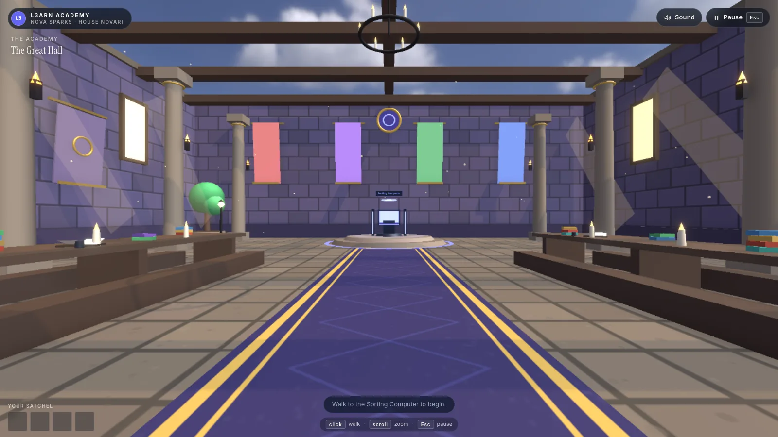 Screenshot of the Great Hall in first-person view, seen at eye level: a purple carpet with gold stripes runs between long tables toward the Sorting Computer, under red, purple, green and blue House banners and an open beamed roof.