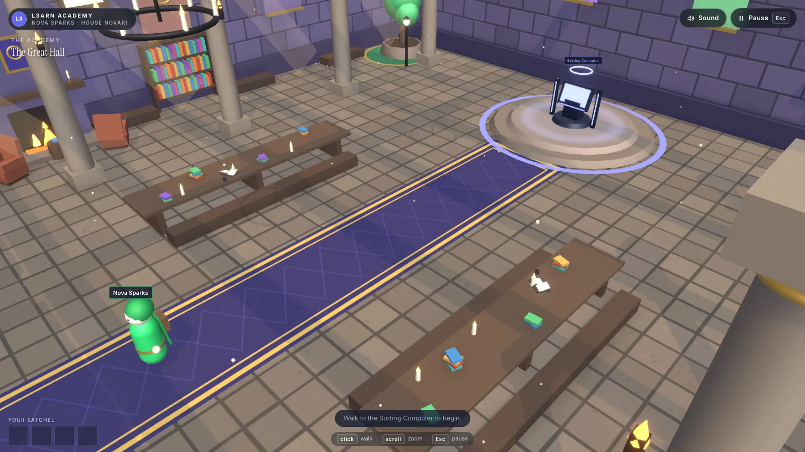 Screenshot of the L3ARN 3D Academy: a child's green-robed avatar stands on a long purple carpet in the Great Hall, between wooden tables with books and candles, with the Sorting Computer glowing on a raised dais ahead. On-screen labels read The Great Hall and Walk to the Sorting Computer to begin.